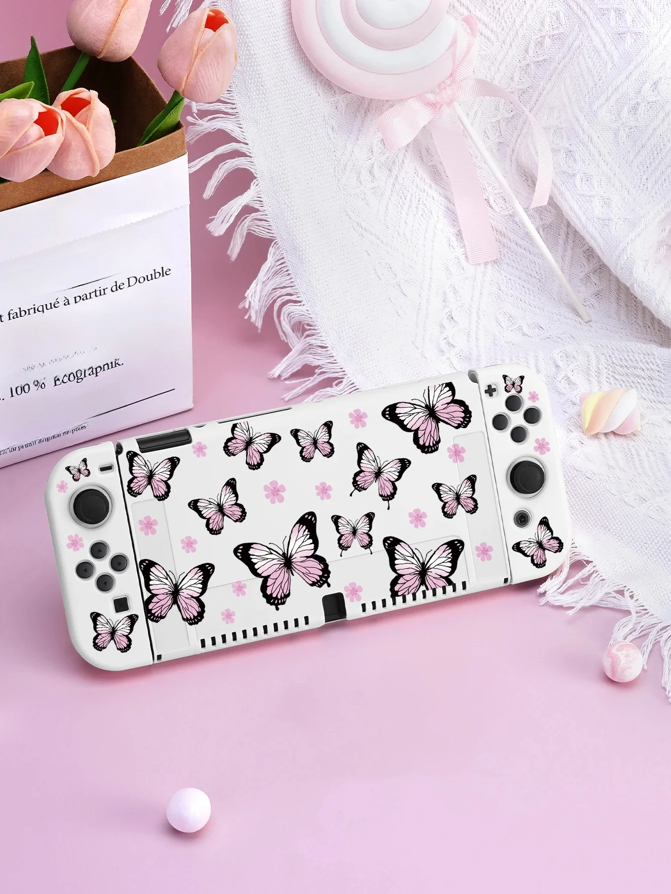 Étui de protection papillon rose pour Nintendo Switch OLED, accessoires de jeu NS, coque séparable portable pour NS Joycon, couvercle de commutateur