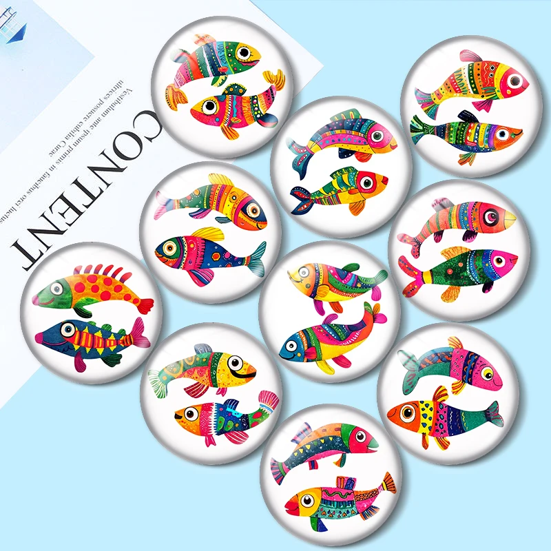 Watercolor Fun Fish Couple 12mm/18mm/20mm/25mm Round photo glass cabochon flat back Making findings keychain