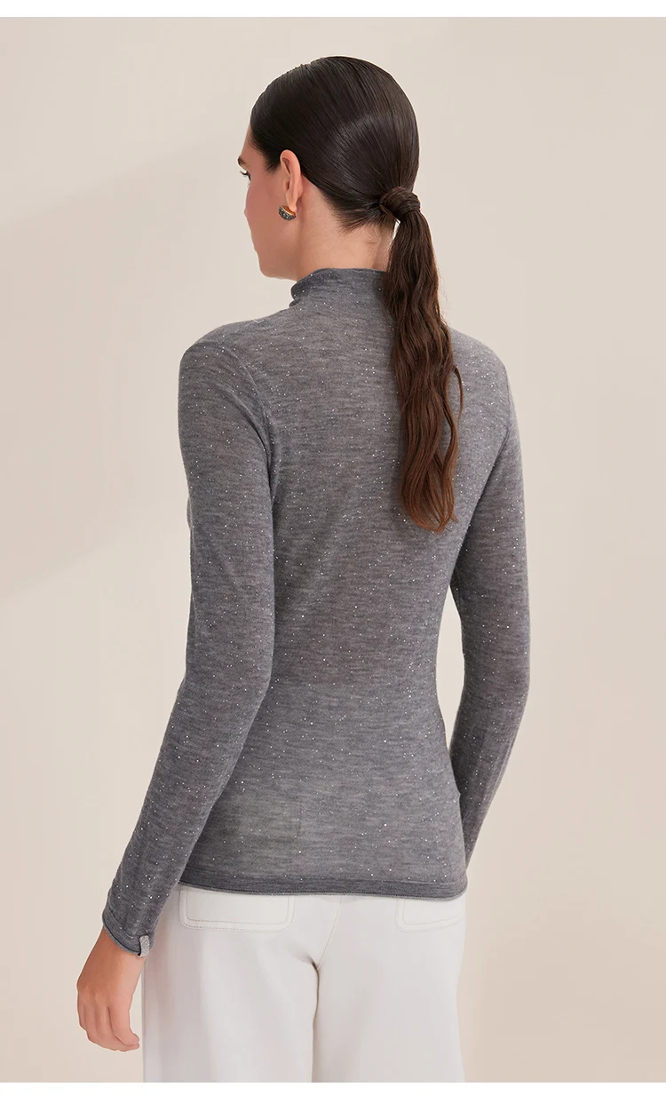 BY3521261 Damen Kaschmir-Mischgewebe Langarm-Strickshirt mit Stehkragen, Glitzergarn, Slim Fit, Leichtgewichtig, Herbstliches Alltags-Oberteil – Detail 6