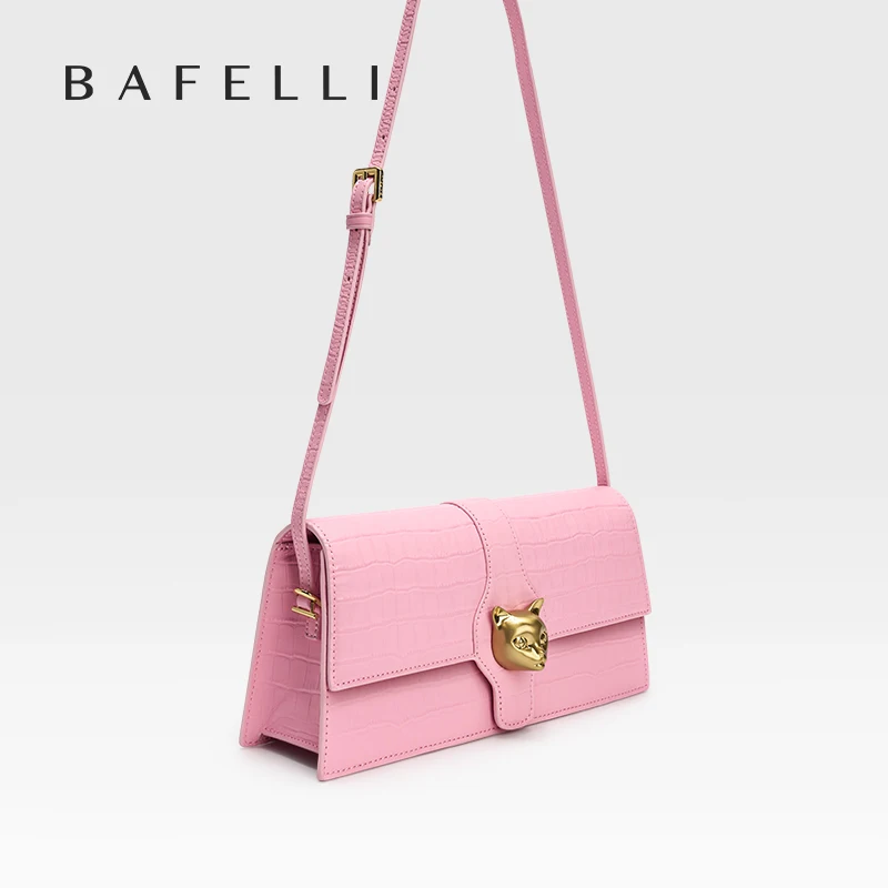 BAFELLI 2026 NEW WOMEN'S LUXURY BAGS CAT BRAND FASHION HANDBAG PINK LEATHER CLUTCH STYLISH EVENING CASUAL PURSE HIGH QUALITY