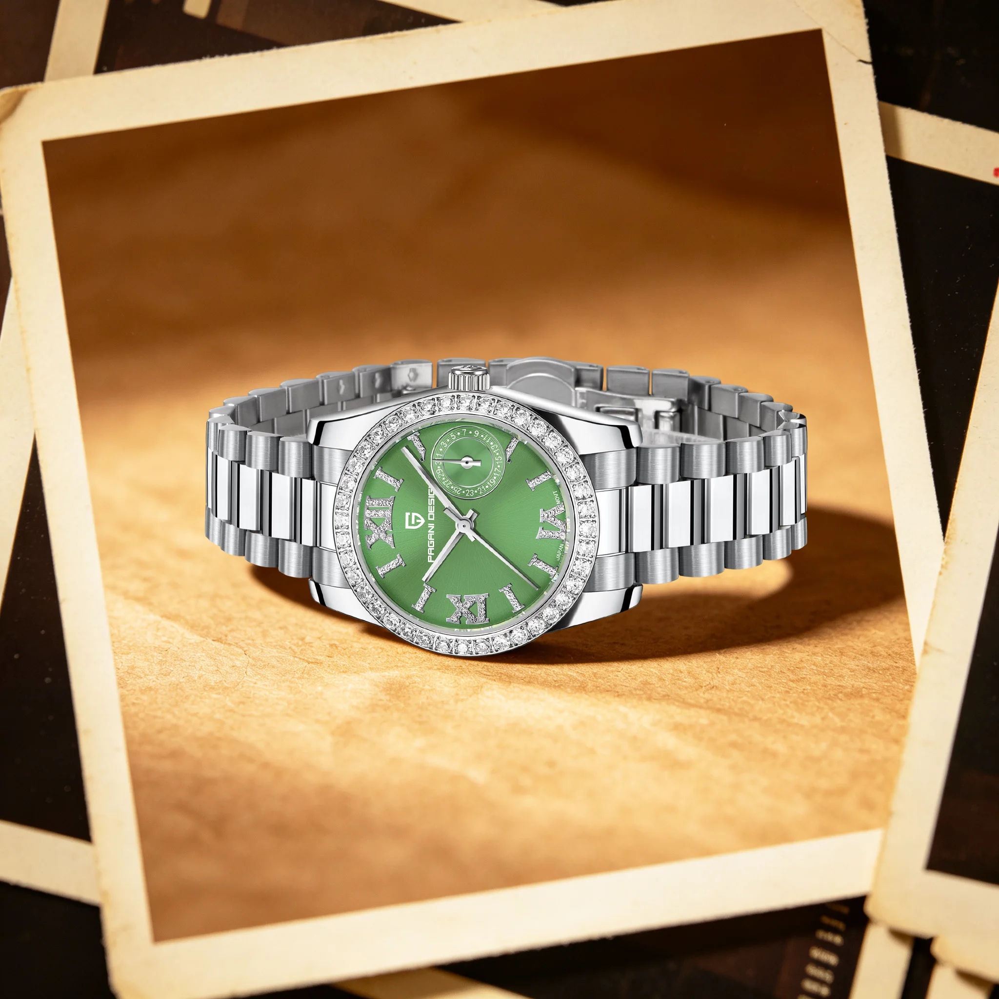 PAGANI DESIGN Elegant Lady Quartz Watch Green Sunburst Dial Roman Numeral Sapphire Stainless Waterproof Watch For Office & Party