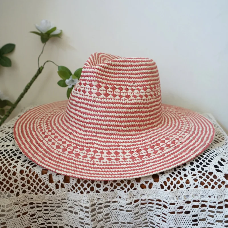 

Luxury Designer Red Panama Straw Hat for Wome Summer Fedora Hat Plaid Wide Brim Sun Hat Boater Beach Hat Derby Wedding Party Hat