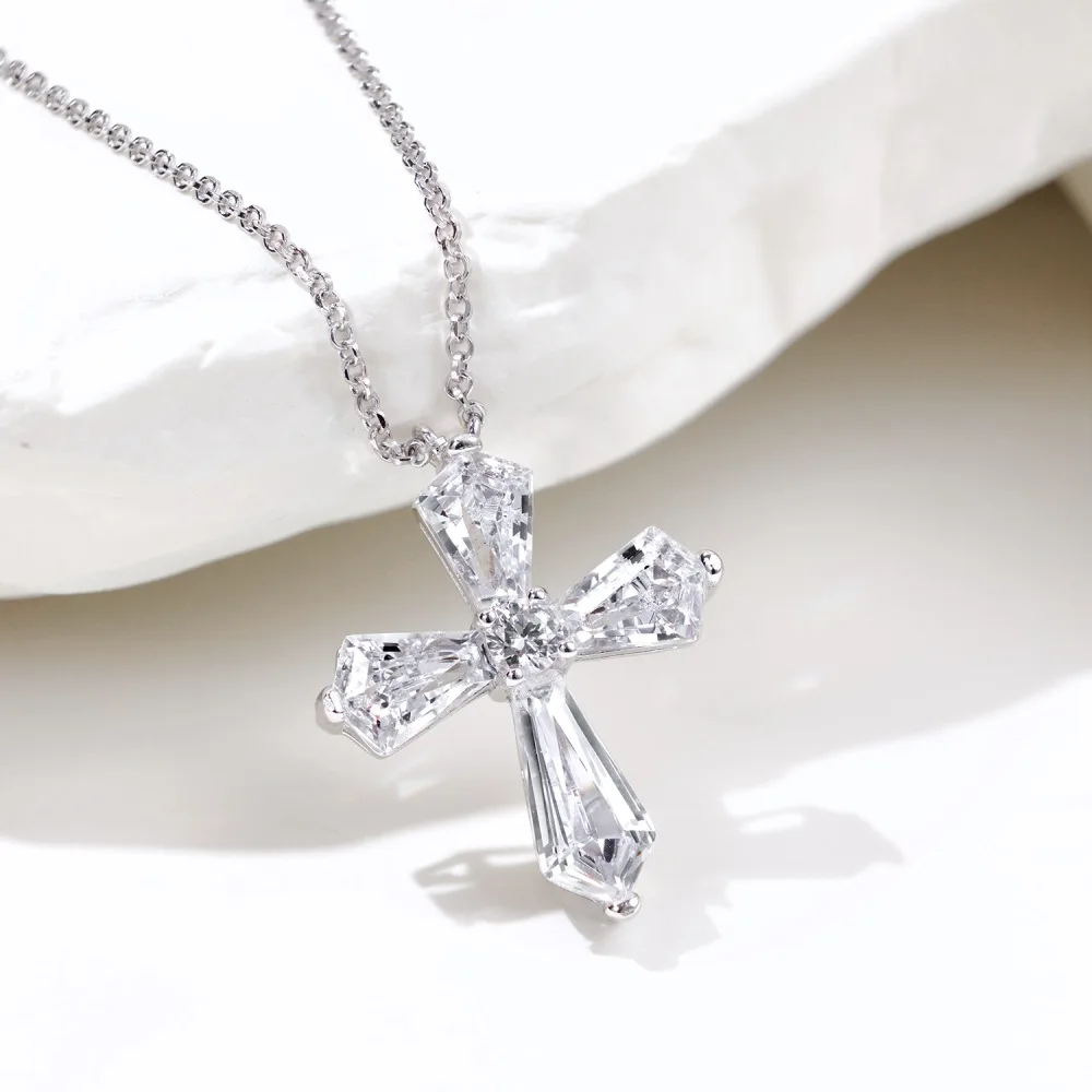 S925 sterling silver luxury jewelry high-grade pentagonal zircon cross pendant necklace holiday gift