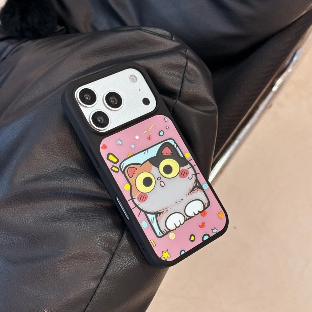 Korean Ins Cute Kitten Print Pink Phone Case For IPhone 17 Pro Max 16 Max 15 16 Pro 14 13 Black Shockproof Girly Protective Case