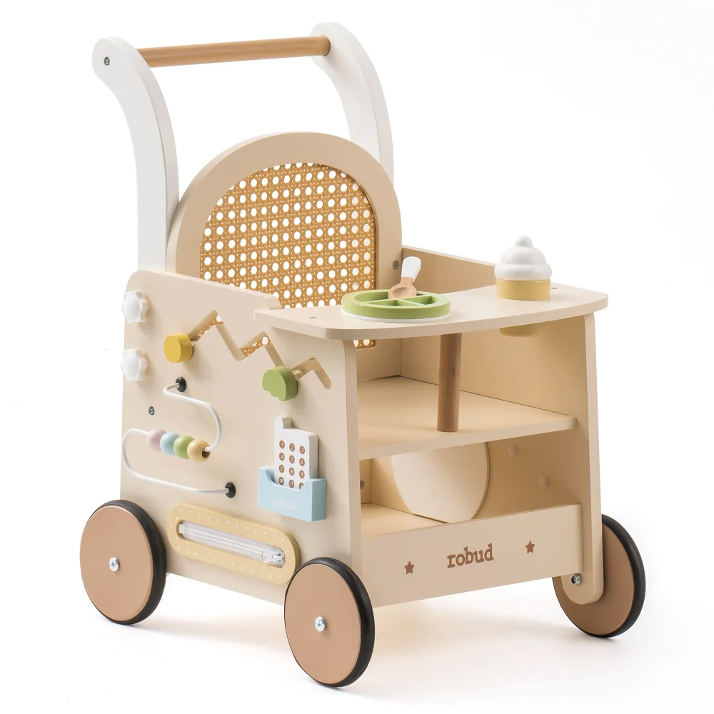 Robud Wooden Push Walker Toy Doll Pram Style Learning Walker with Storage Activity Play Panel for Toddlers image 3