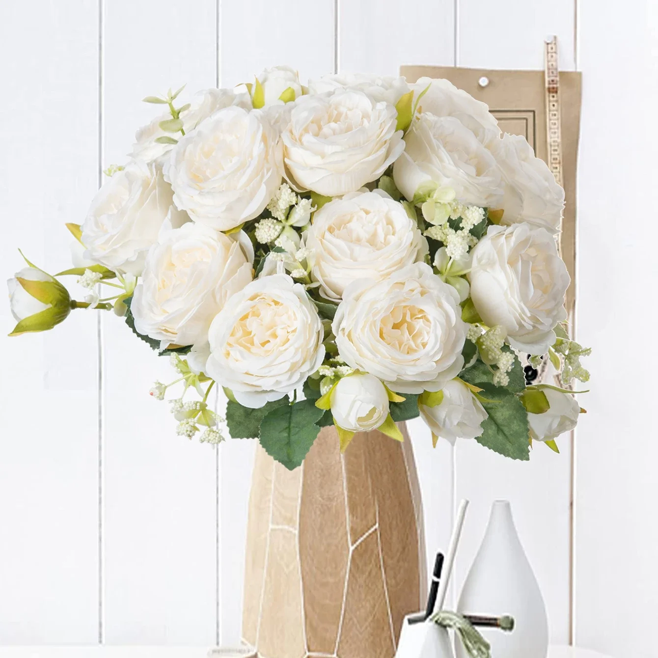 Fleurs artificielles fausses pivoines blanches en soie, utilisées pour la maison, décoration de Vase, couronne de noël, Bouquet de mariage, accessoires de fête