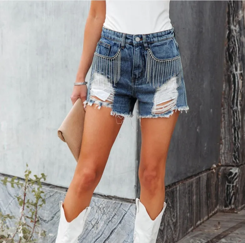 

Fashion Casual Chain Tassel Ripped Denim Shorts Women's Black Blue Jeans Short