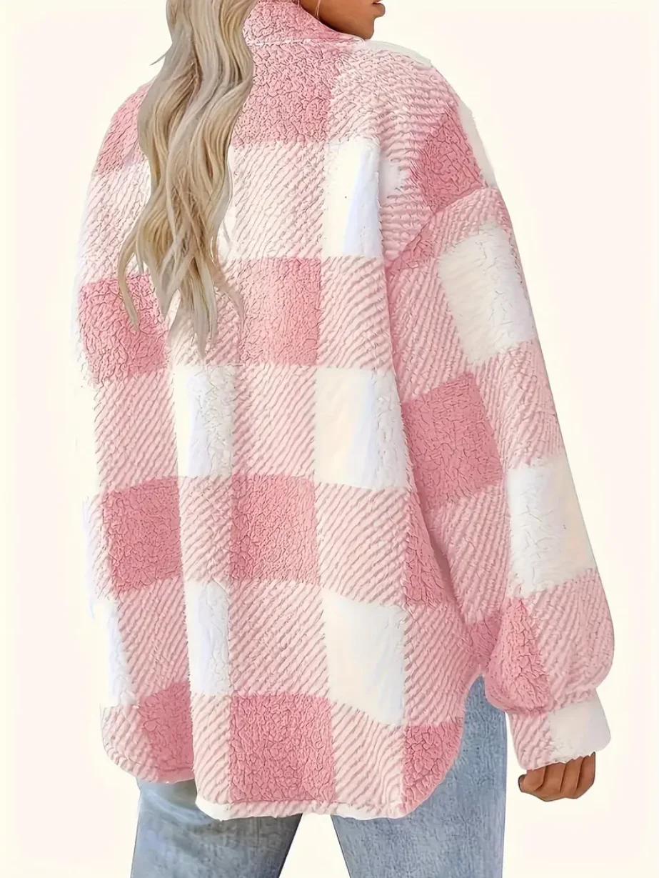 Plaid Pattern Button Front Jacket, Elegant Long Sleeve Warm Outerwear For Fall & Winter, Women's Clothing