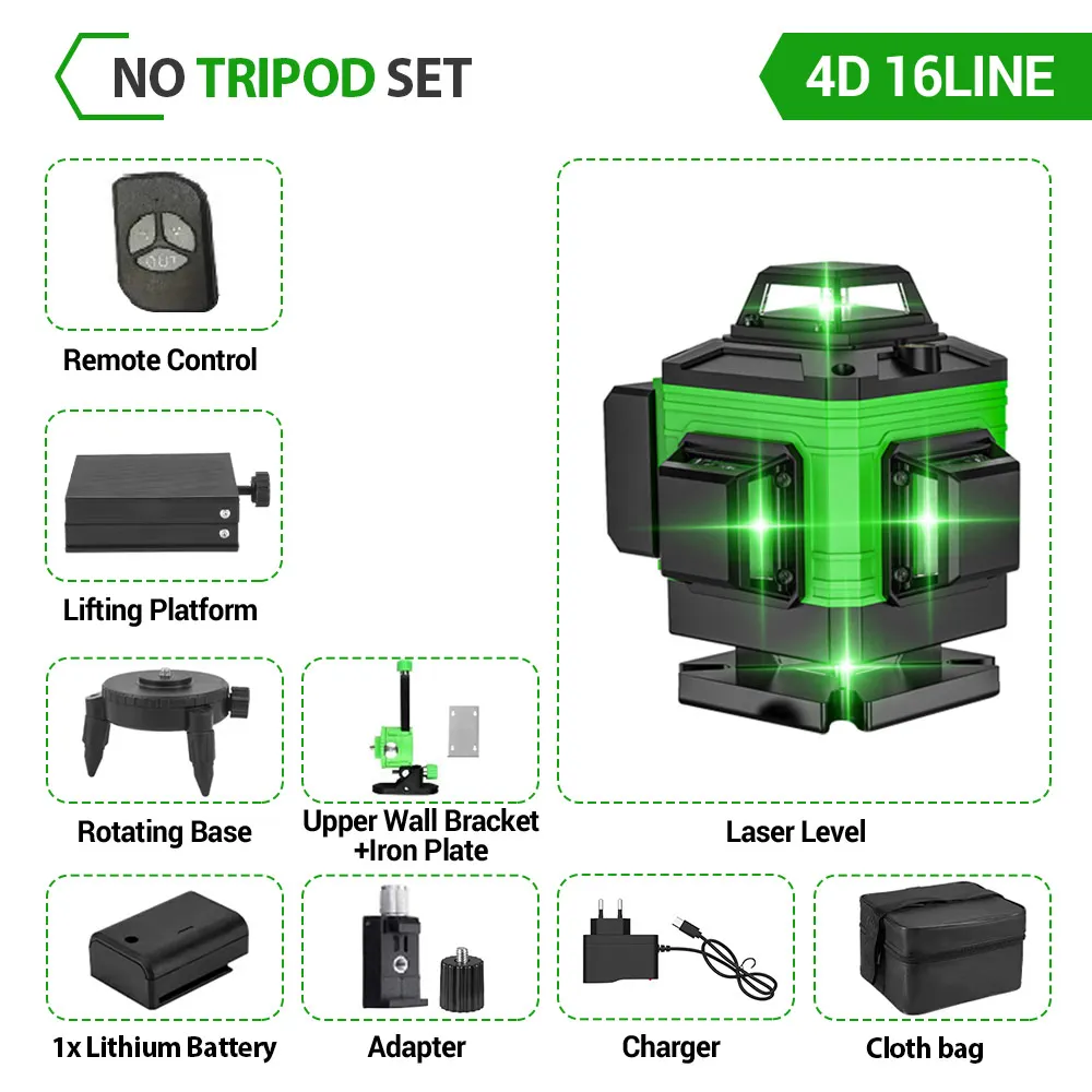 4D-Ebenen, 16 Linien, 360 Grad ° Selbstnivellierende Laser-Nivelliergeräte mit Stativ und Koffer, ein professionelles Werkzeug für horizontale und vertikale Nivellierung.