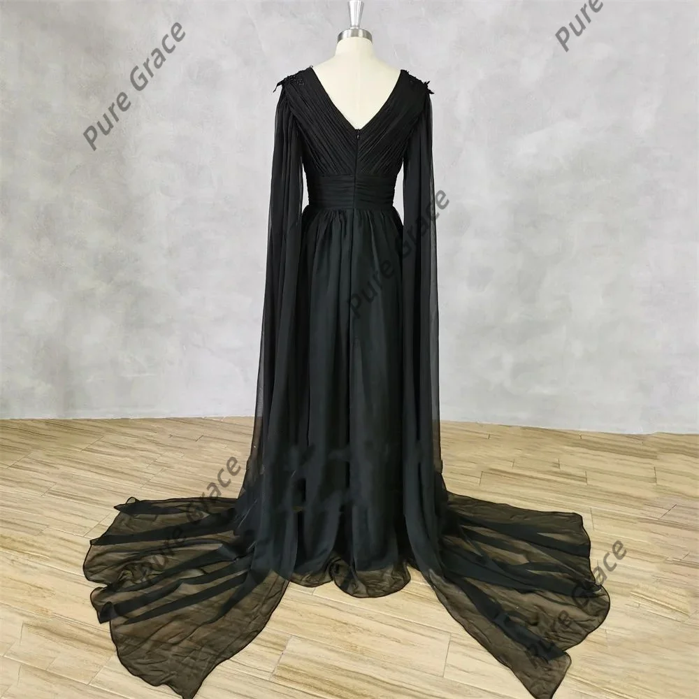 Sexy A-line Beaded Pleat Chiffon Prom Dress V Neck Applique High Waist Evening Party Gowns Floor length Formal Occasion Dresses