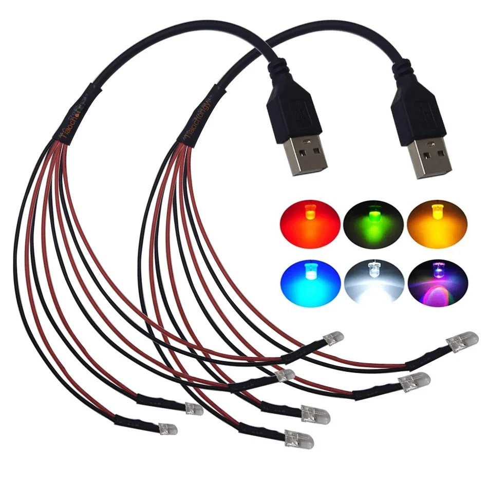 Port USB avec DC5V 3mm 5mm pré-câblé modèle LED rond diode électroluminescente bleu rouge jaune pour bricolage veilleuse lumière manuelle