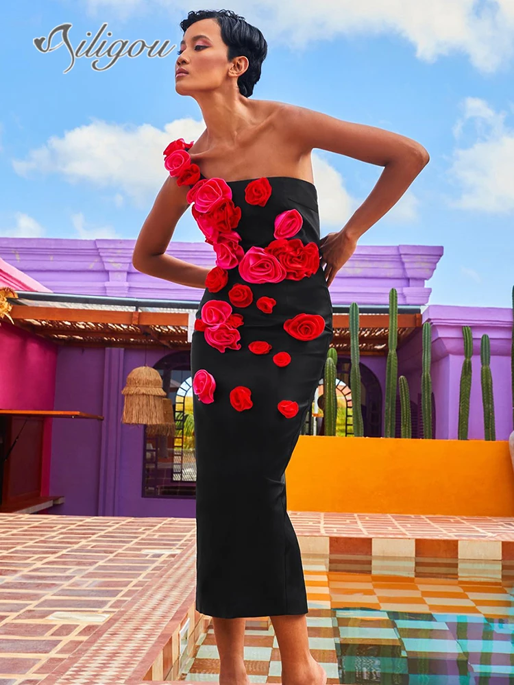 

Ailigou 2024 New Summer Women's Sexy One Shoulder Sleeveless 3D Flower Tight Midi Bandage Dress Elegant Celebrity Party Dress