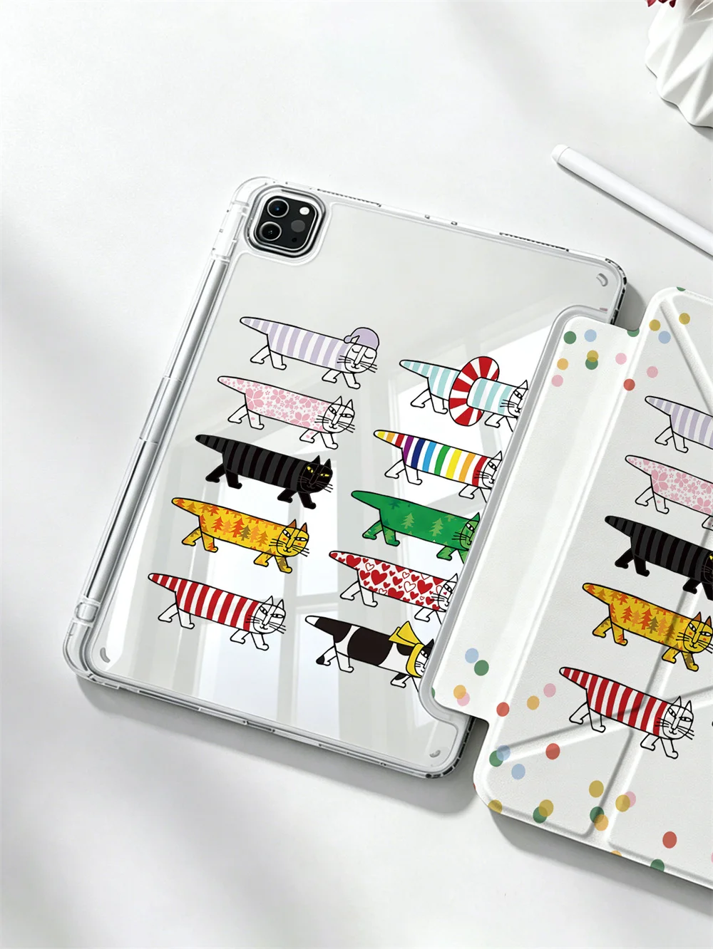 Cute Colorful Long Cat Polka Dot Y‑Fold Shockproof Tablet Case Cover For iPad Mini6 Mini7 Air4 Air5 Air6 Air7 iPad9 iPad10 Pro11