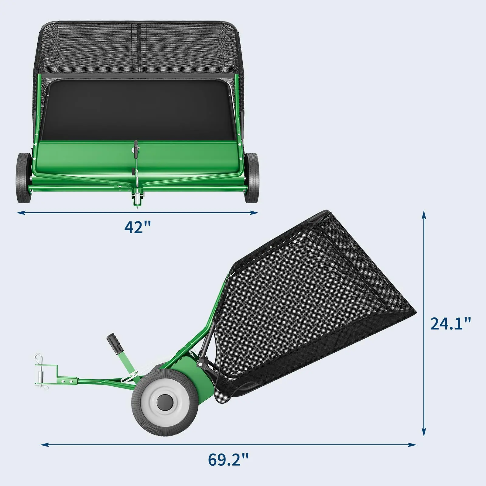 42" aanhangende gazonveegmachine, 27 Cu.Ft (circa 769 liter) hoppervolume, robuuste opvouwbare bladeropvangbak met kantelmechanisme, universele aansluiting, 10,5" wielen & gaasafdekking, eenvoudige