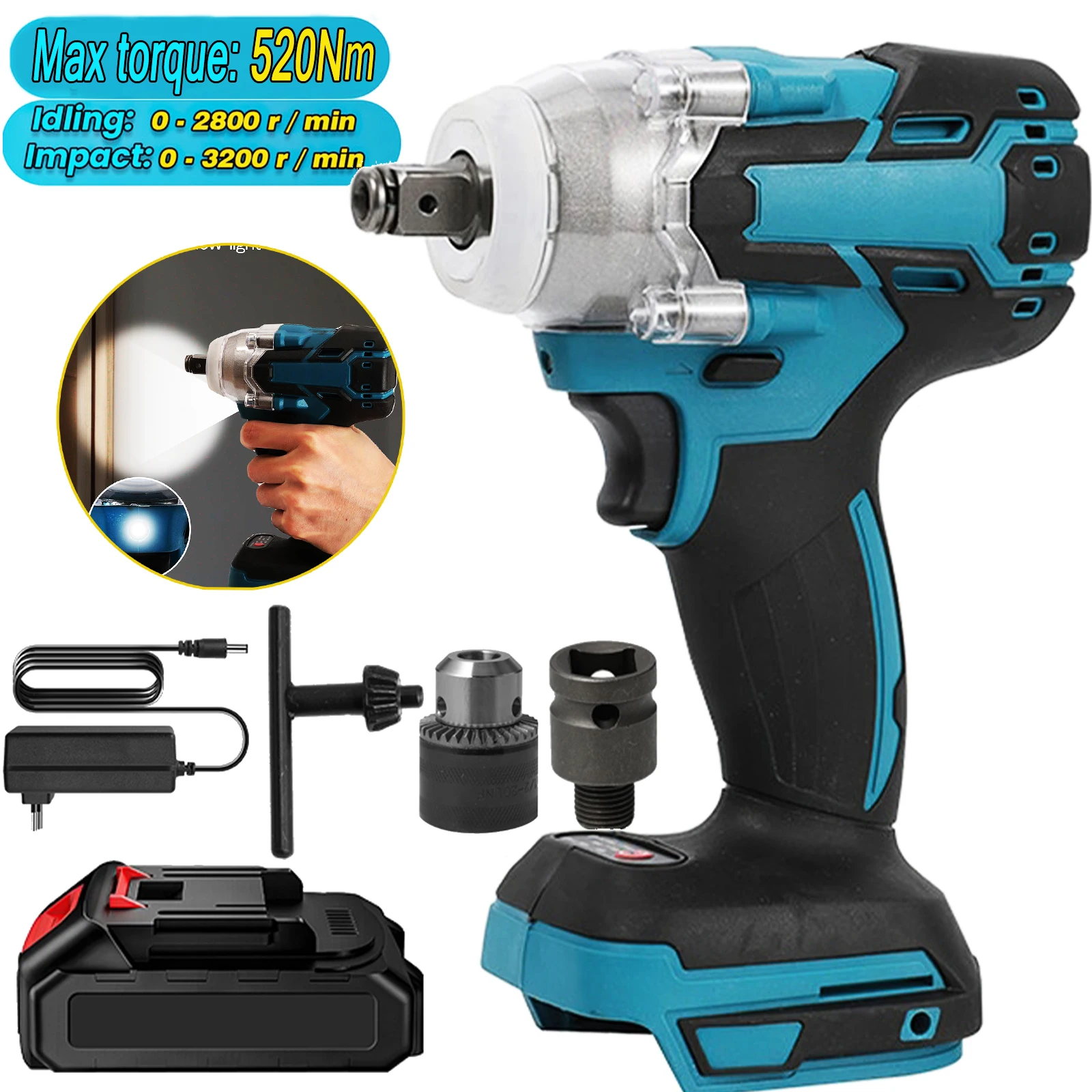 New 520Nm Cordless Electric Impact Wrench 1/2 Inch Brushless Electric Wrench Hand Drill Socket Power Tool For Makita18V Battery