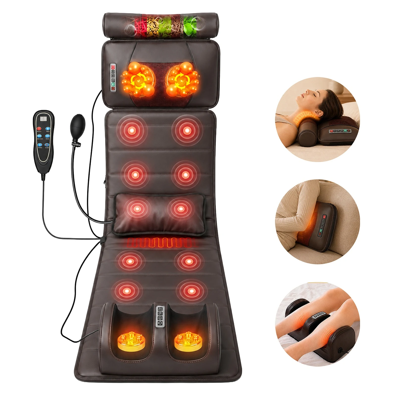Elektrische Ganzkörper-Massagematte mit Heizung, Handsteuerung, Luftkompression, Knetmassage für Schulter, Nacken, Taille und Rücken, Vibration, tragbare beheizte Massagematte für Entspannung zu Hause