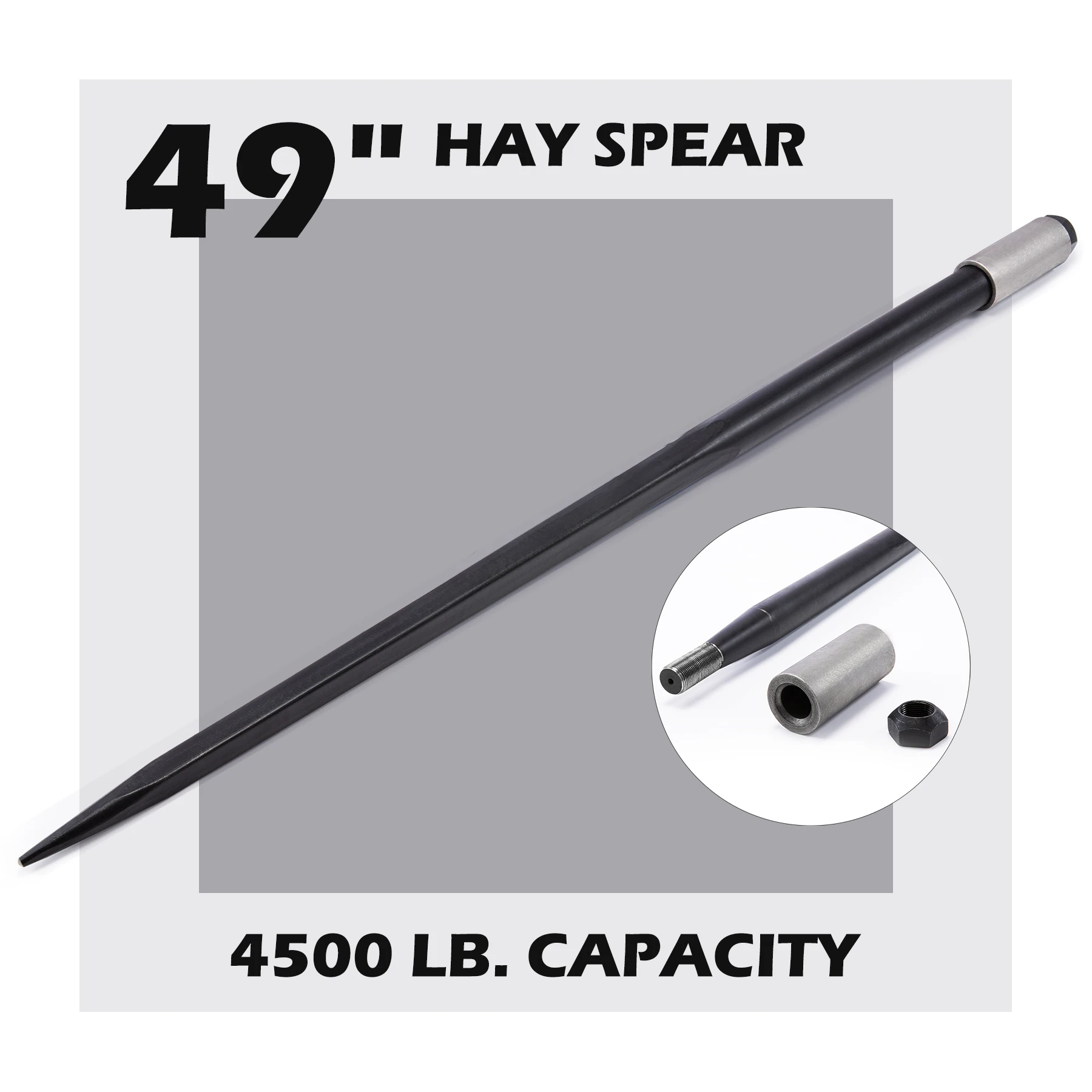 

Hay Bale Spear 49" 4500lbs Cap Quick Attachments with Sleeves Nuts