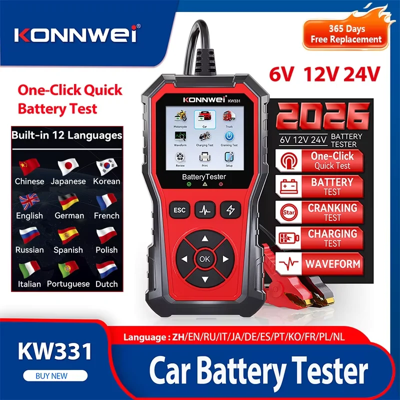 2026 New KONNWEI KW331 Car Battery Tester 6V-12V-24V 100-2000 CCA Cranking Charging Circut Analyzer Battery Tools Professional