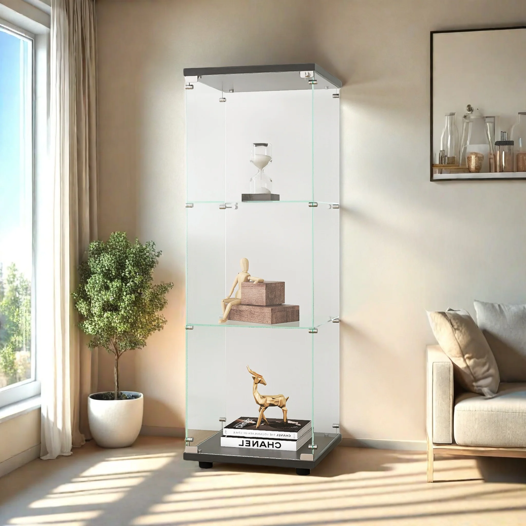 Vitrine en verre noire sur pied, verticale, moderne, à 3 étagères, idéale pour objets de collection, livres, vin, 125 x 42,4 x 36,4 cm