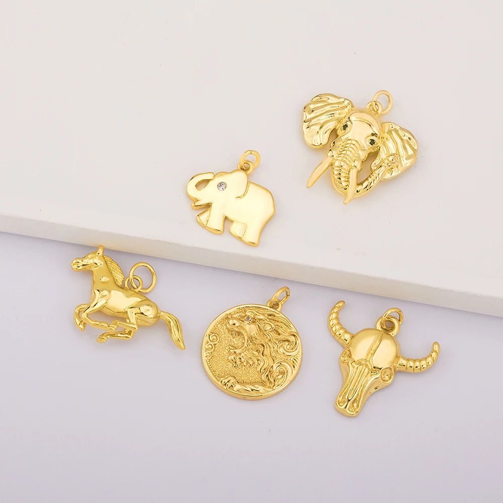 Elephant/Ox/Horse/Lion Shape Pendant Gold Plated Handmade DIY Jewelry Necklace Bracelet Earrings Accessories Copper Zircon Gifts