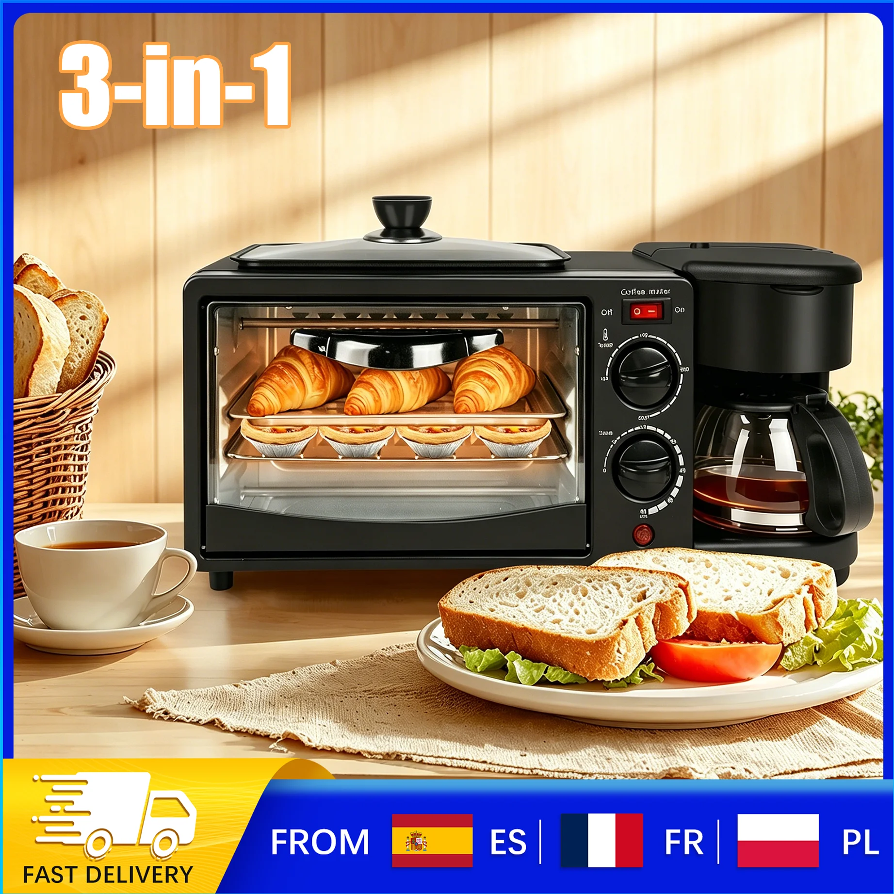 Estación de Desayuno 3 en 1, Mini Horno de 9L con Cafetera y Plancha, Control de Temperatura de 600W/450W 100-230 ° Temporizador C, para el Desayuno en Casa y la Cocina