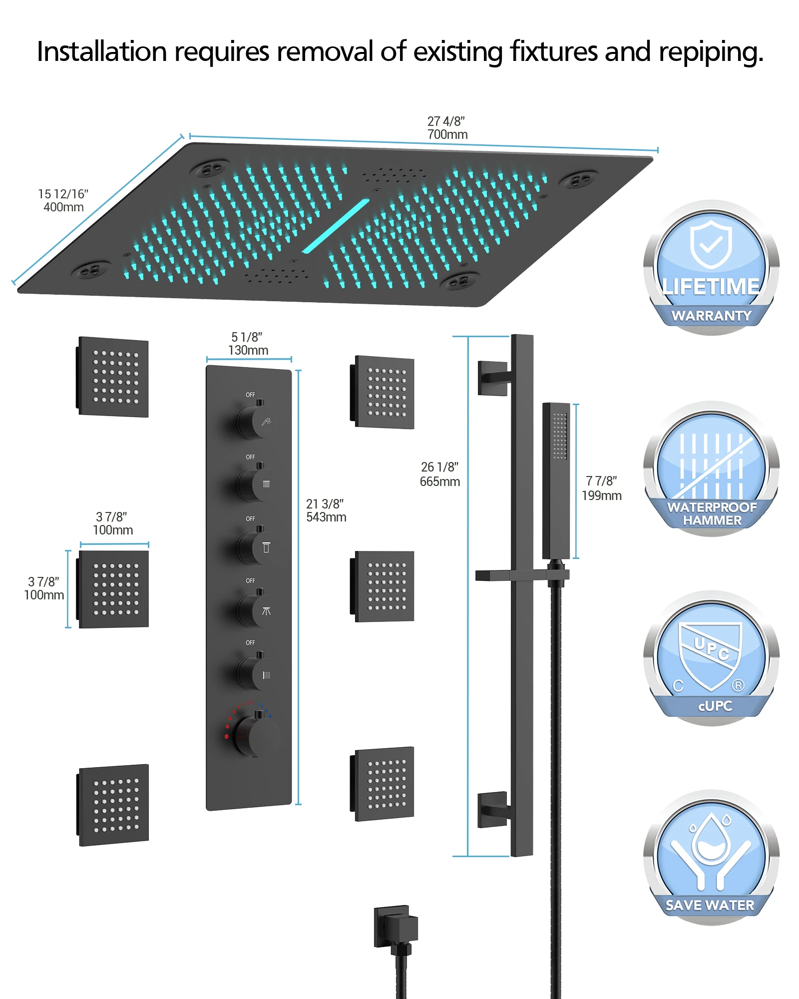 EVERSTEIN-Sistema de ducha de lujo, 28x16 pulgadas Juego de grifo de cabezal de ducha LED y música para baño, ducha de múltiples modos con chorros de mano