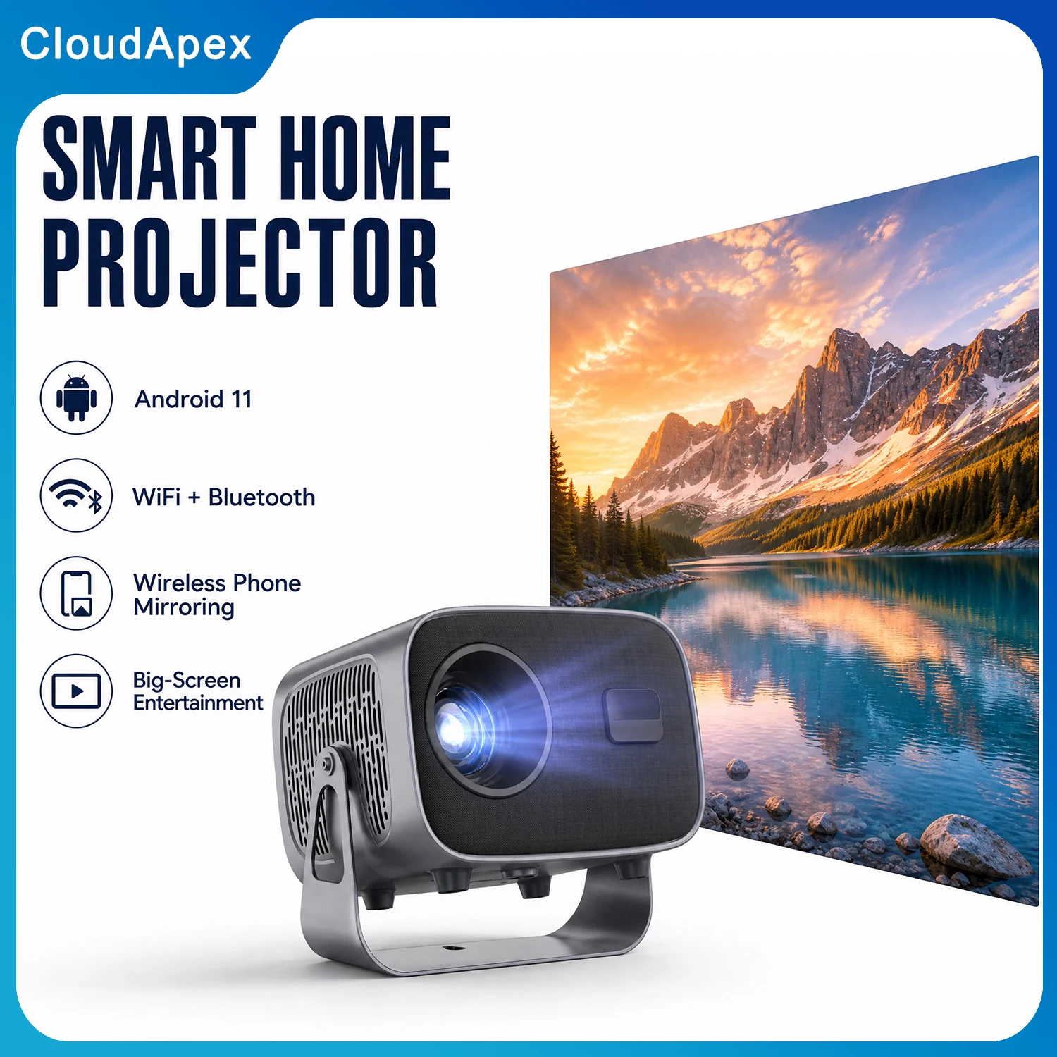 CloudApex A10 Native 1080P Projector 200ANSI Android 11 Electric Focus 180 Stand Home Theater Gaming Bedroom Office