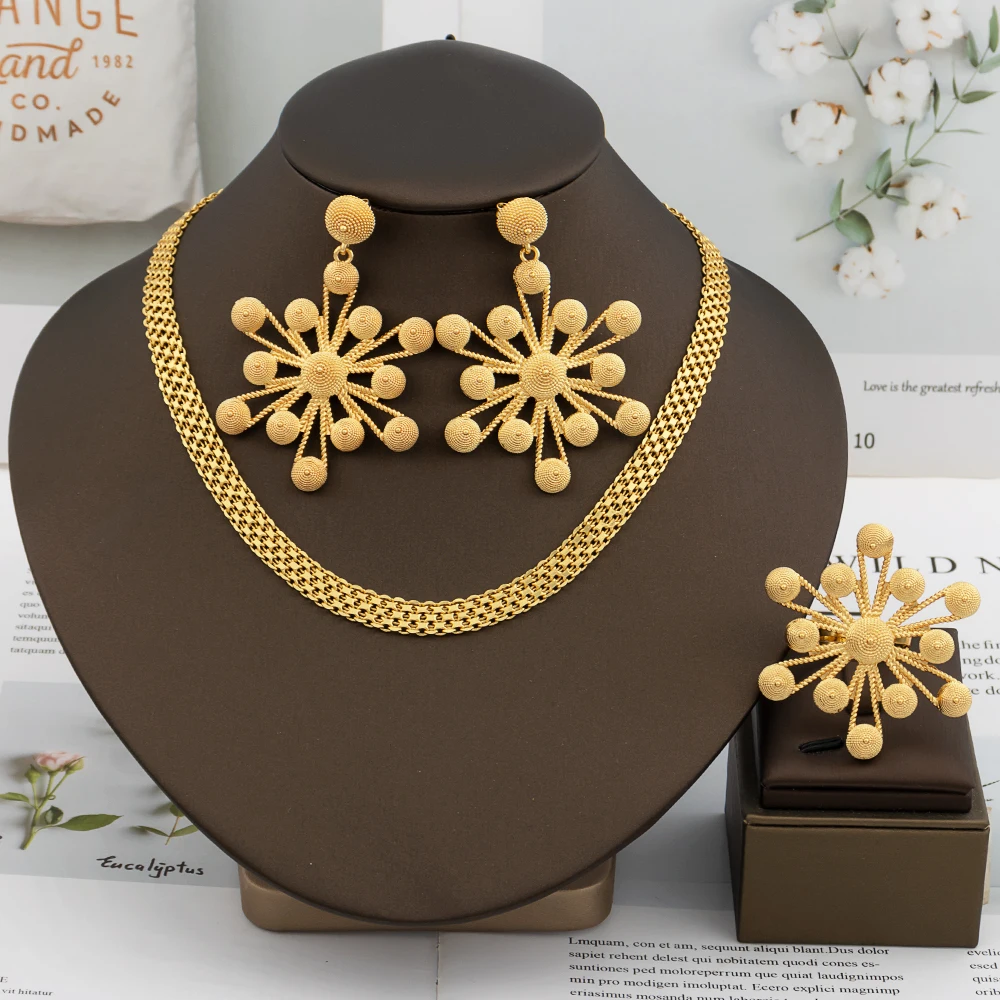 Gold Farbe Schmuck Set Dubai Äthiopische Frauen Ohrringe Anhänger Schneeflocke Halskette Afrikanische Manschette Armband Ring Braut Schmuck Geschenk – Detail 5