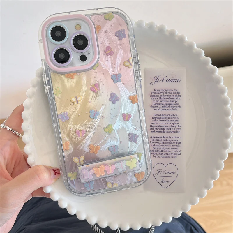 Butterfly pattern Phone Case for iPhone 15 14 13 Pro Max  15pro Silver muslin Design Cover Women Floral Protection Cases