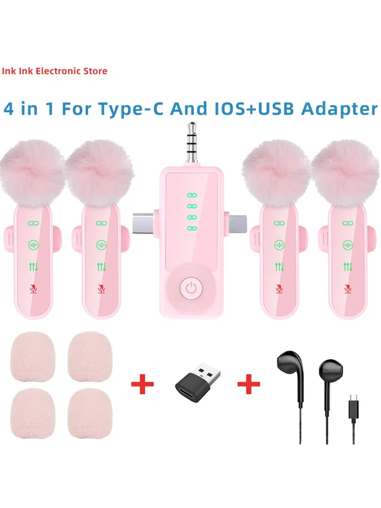 ZMYNOJLH Microphone Lavalier rose 1 en 4, suppression du bruit, sans fil, avec cache-vent, pour appareil photo iPhone Android, paquet de 4, affichage LED 3