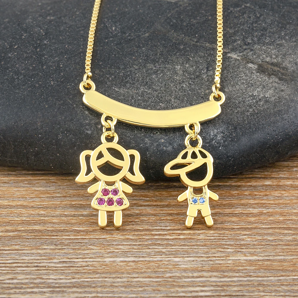AIBEF  Girl And Boy Rhinestone Pendant Women Copper Zircon Gold Plated Necklace Jewelry Family Daughter&Son Mother Birthday Gift