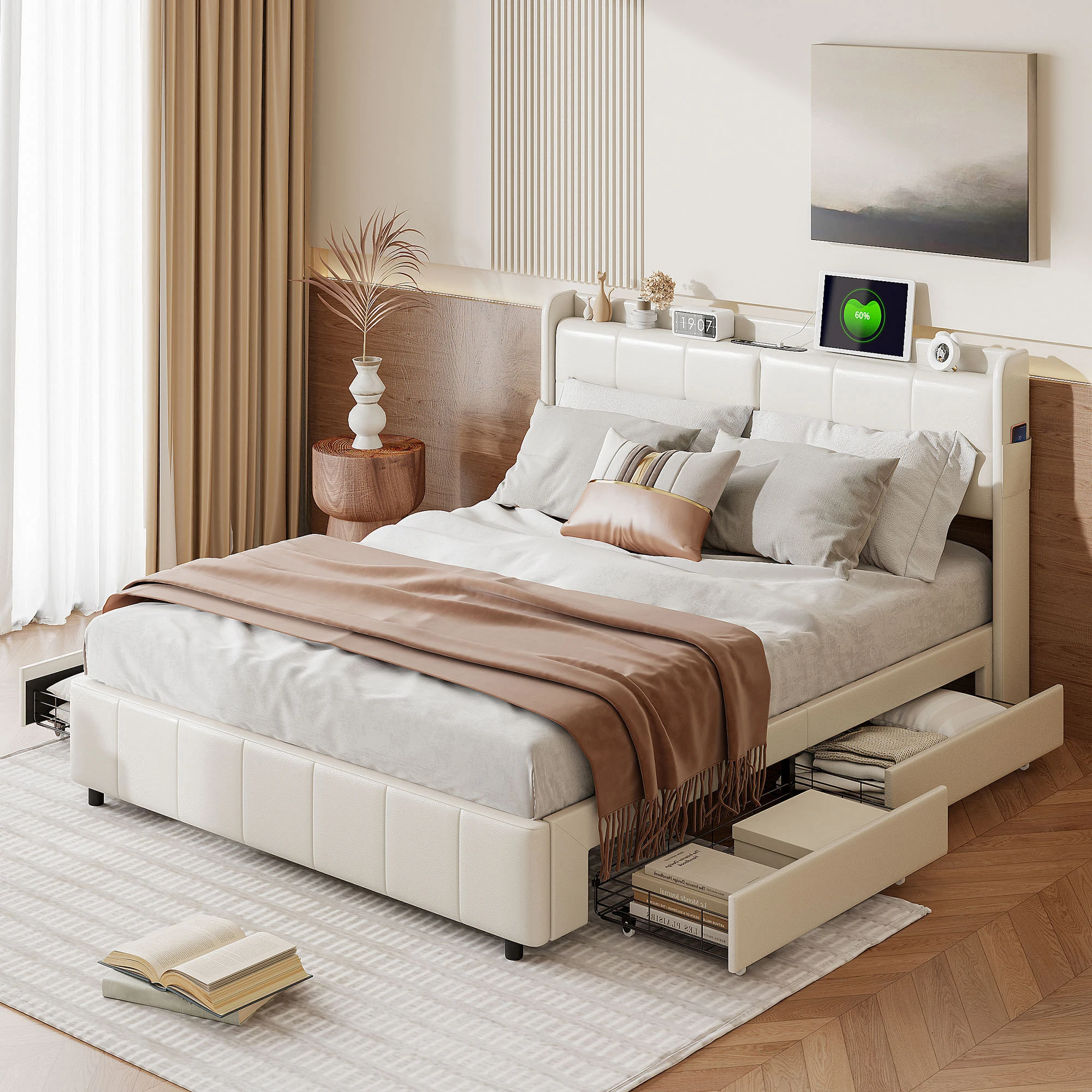 Creahappy, 160 X 200 cm Storage Bed, Bed For Small Bedrooms, Double Bed, Storage Bed For Rental Units, Upholstered Bed With 4 Metal Drawers, Pu Leather, White, Mattress Not Included