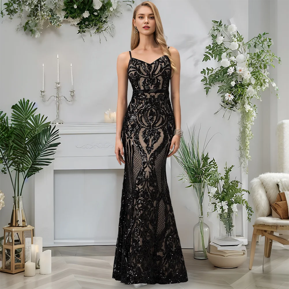 

Prom Dresses 2025 Trumpet Mermaid V-Neck Sequin Evening Gowns Floor-Length Gold Quinceanera Party Dress Black Formal Attire​