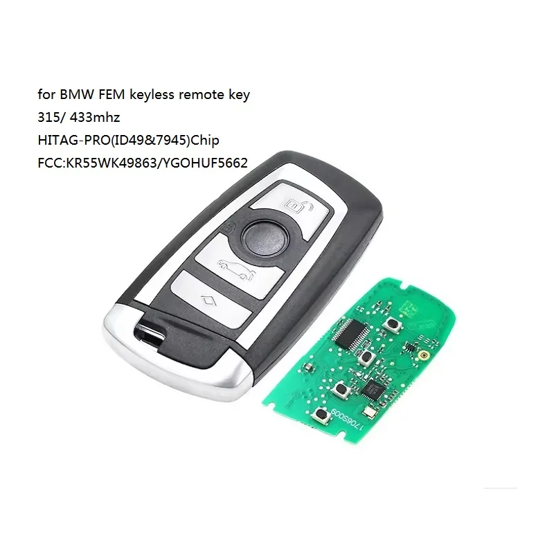 

Для системы BMW FEM 1, 2, 3, 4, 5, 6 7 серии X3 X4 868/315/433 МГц 4 кнопки бесключевого автомобильного дистанционного управления Смарт-ключ KR55WK49863 ID49 и 7945 чип