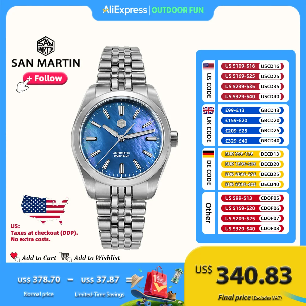 

San Martin 39 мм Роскошные мужские часы Miyota 90S5 MOP Dial Gada Автоматические механические часы Водонепроницаемые 10 бар светящиеся SN0144