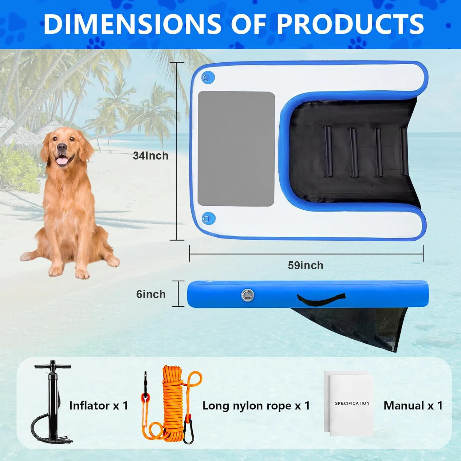 EU-Lager Aufblasbare Hunde-Wasserrampe 59x38'' Blau Rutschfeste Schwimmende Plattform Leiter Haustier-Wasserrampe für Pool Boot See Meer – Detail 5