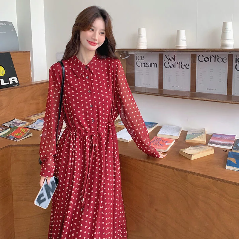 

Waisted shirt dress chiffon polka dot gentle style evening dress