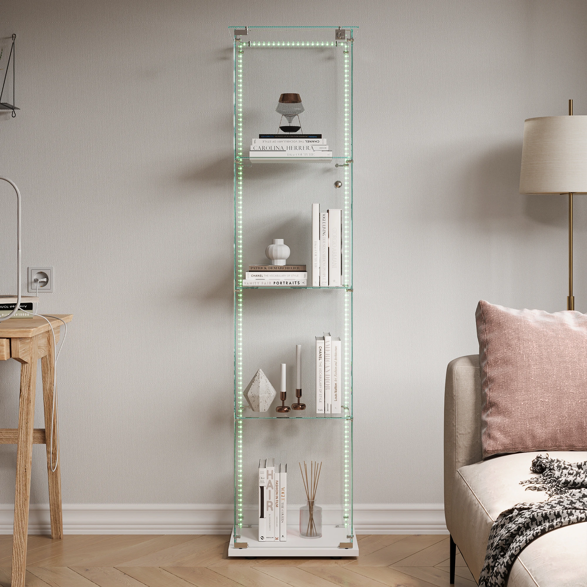 Rosahqnda Vetrina in vetro a porta singola Luce soggiorno a quattro strati Armadio antico per collezioni Vino soggiorno ufficio