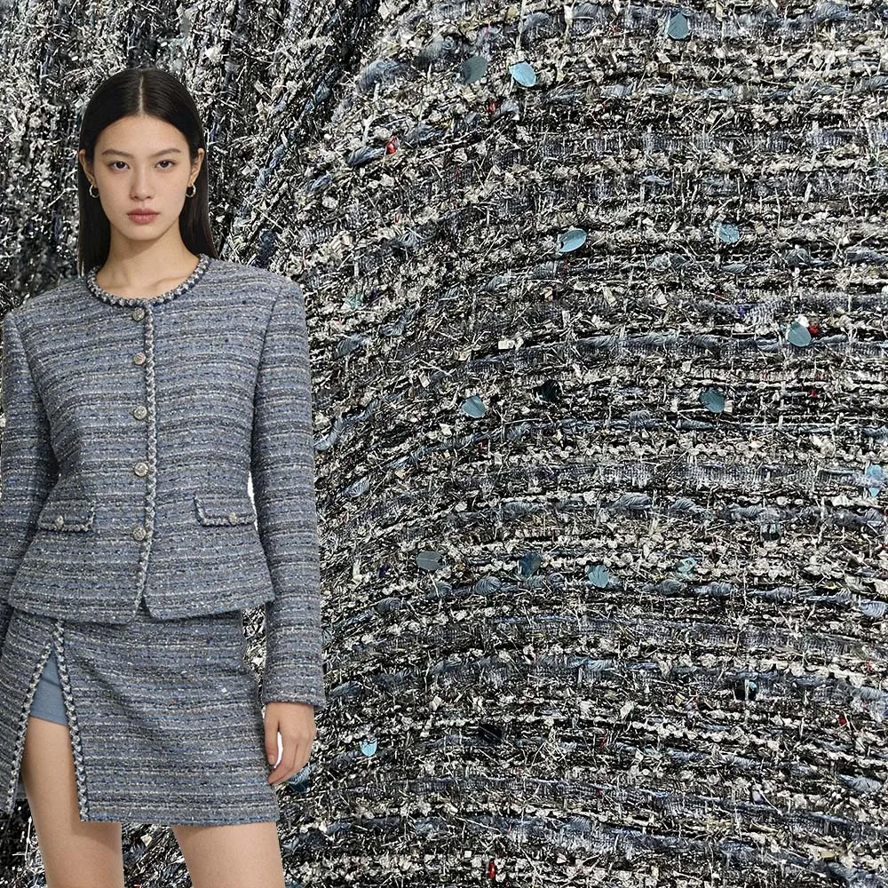 

Темно-синяя роскошная ткань с блестящими пайетками, плотная текстурированная блестящая ткань, плотный твид, для пальто, курток, костюмов, платьев.