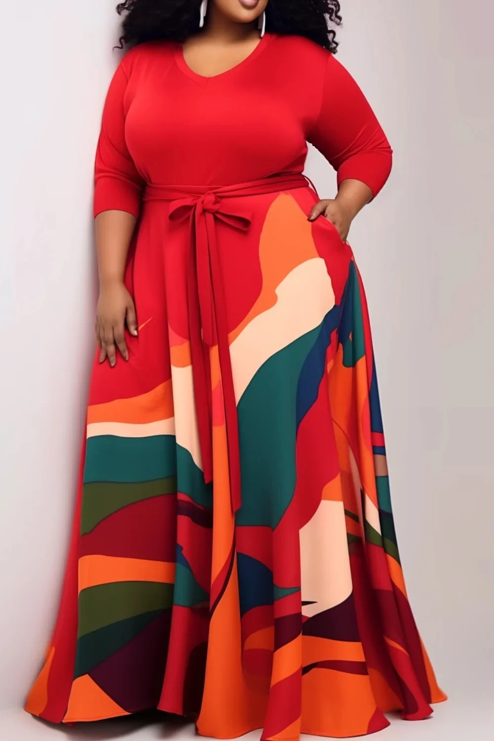 Plus Size Casual Dress Red All Over Print Okrągły dekolt Dzianinowa sukienka maxi z kieszenią — zdjęcie 2