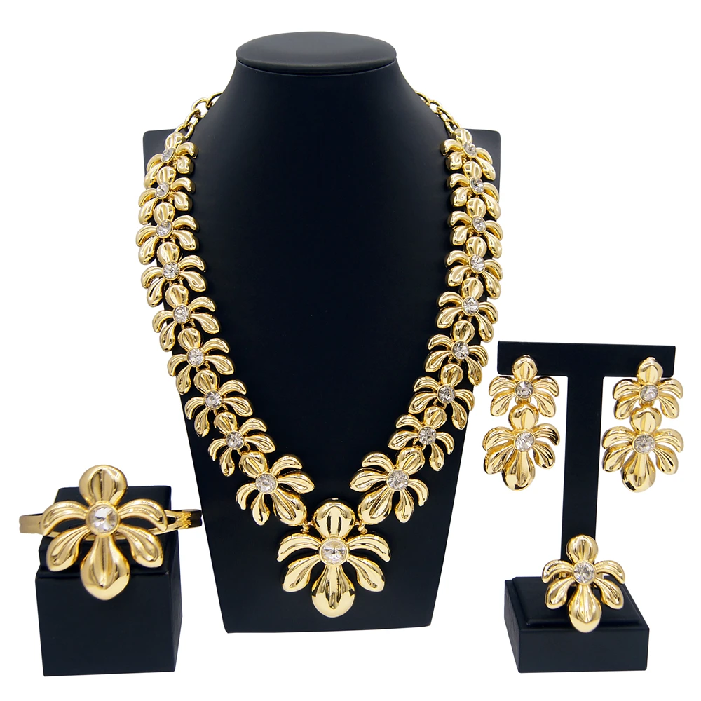 Collana da donna placcata in oro italiano Set di gioielli con ciondolo a forma di bocciolo di fiore orecchini con bracciale di Design di moda spedizione gratuita in Nigeria