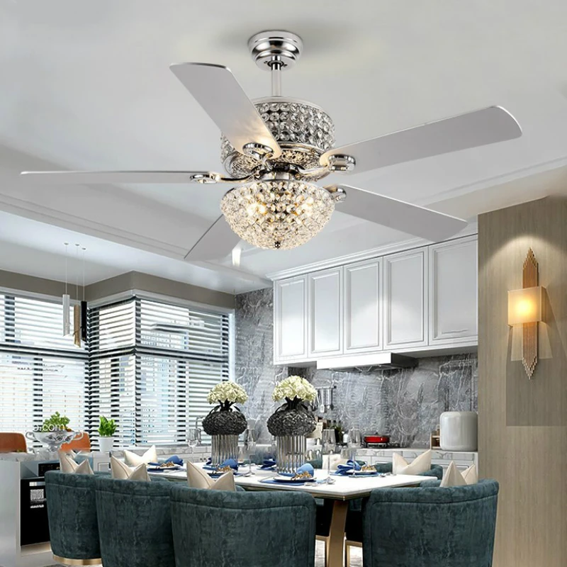 52 Inch American Stryle Luxurious Crystal Ceiling Fan with LED Lamp and Remote Control 3 Speeds Adjustable Timing Function