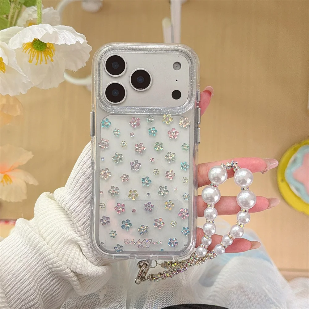 

Korean Glitter Flower Cute Phone case for iPhone 17 Pro 16 Pro Max 13 14 15 Pro Funda With Pearl Hinge Kawaii Shockproof Cover