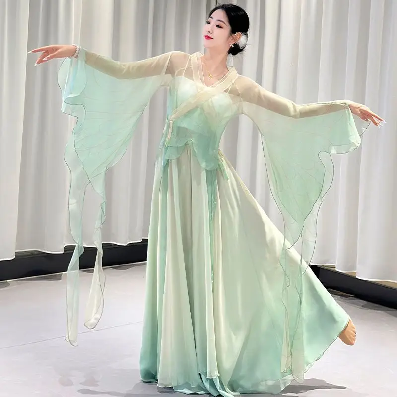 

Chinese Style Folk Dance Dress Women Classical Dancer Performance Costumes Elegant Practice Clothes Green Chinese Dance Costume