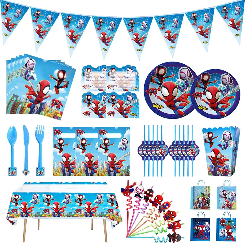 Spidey And His Amazing Friends Spiderman Birthday Party Decoration Tableware Tablecloths Card Straw Baby Showers Party Supplies