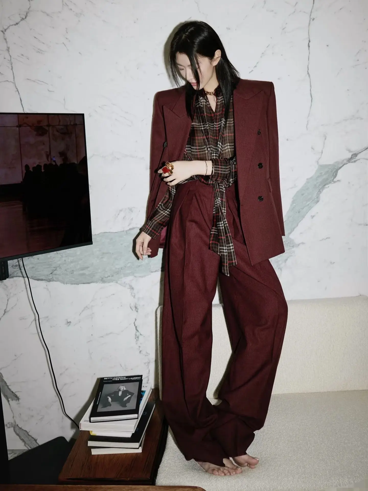Elegant autumn minimal fashionable women's wool pants suit