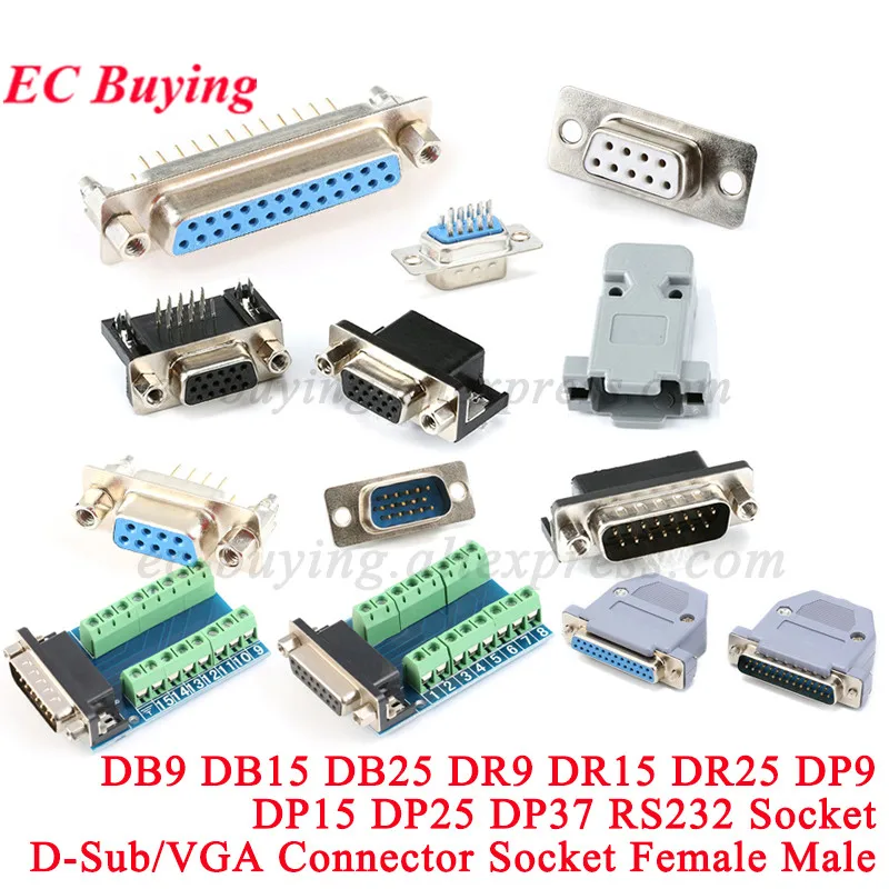 1-5Pcs D-SUB 9 15 25 37 Pin Male Female Solder Type Connector DIP Straight Mount Serial Port Adapter 2 Rows DB9 DB15 DB25 DB37