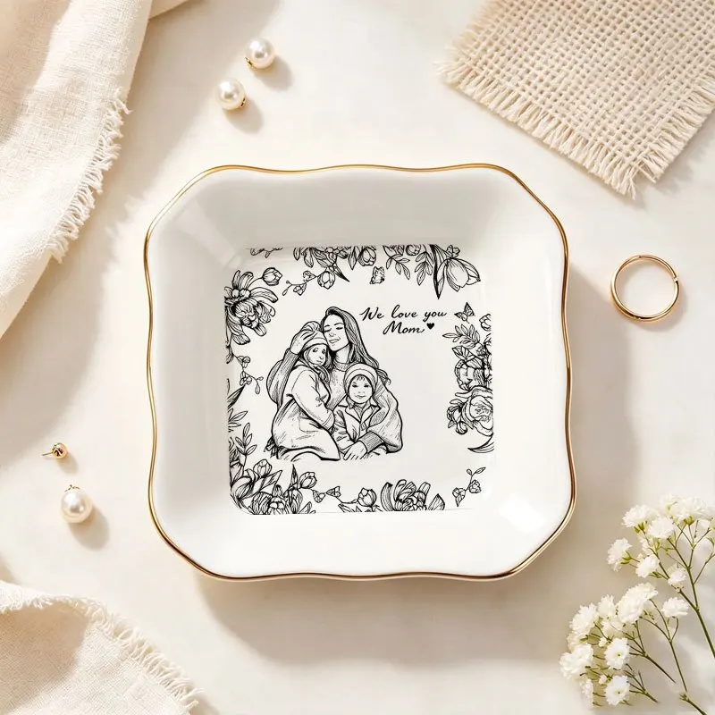 Custom Photo Ceramic Square Ring Dish Personalized Trinket Tray, Jewelry Holder for Rings Earrings, Bridesmaid Wedding Keepsake