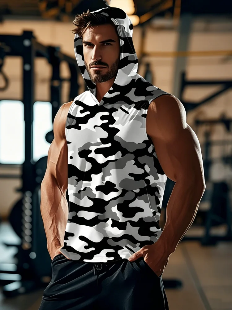 Atmungsaktives Schnee-Tarnmuster Ärmelloses Kapuzen-Trainingsshirt für Herren Vollständig Camouflage-Bedrucktes Ärmelloses Laufshirt für Jagd, Angeln und Sport – Detail 2