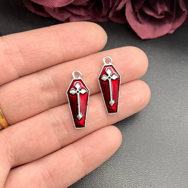 10pcs 28*11mm Enamel Halloween Charms Vampire Cross Coffin Pendants for Necklace Keychain Diy Jewelry Making Accessories